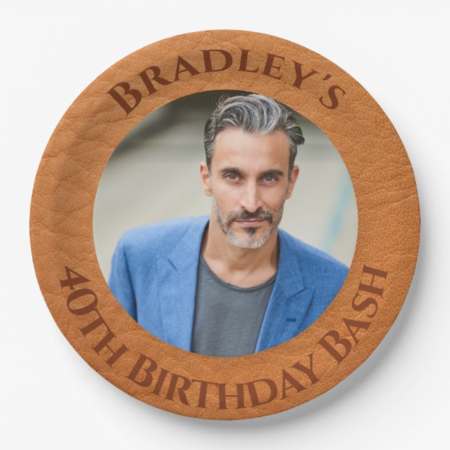 Plato De Papel Cuero marrón de cumpleaños número 40 (Anverso)
