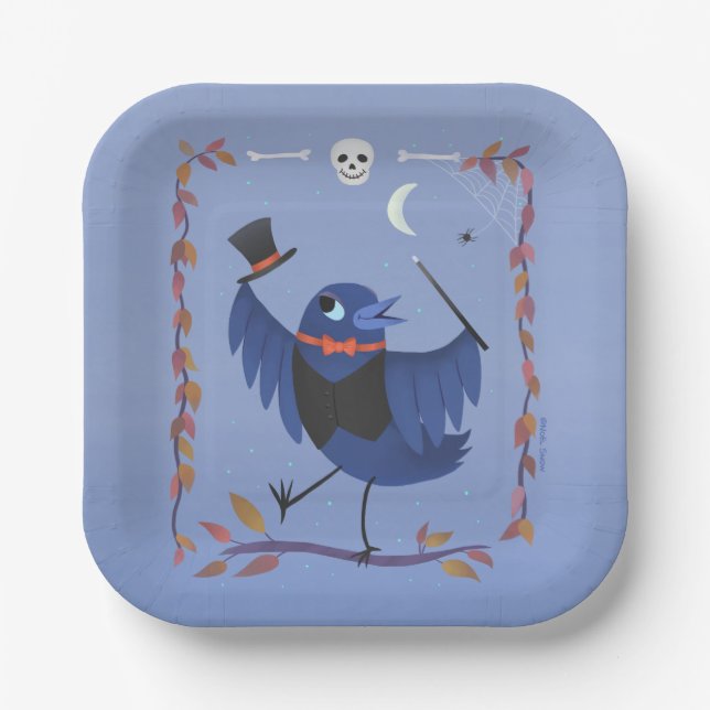 Plato De Papel Cuervo de Halloween Luna Azul (Anverso)