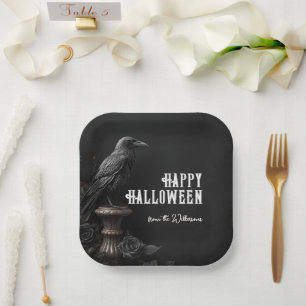 Plato De Papel Cuervo & Rosa Negra Nombre Personalizado de Hallow