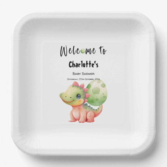 Plato De Papel Cuidada acuarela Baby Dinosaur Baby Shower (Anverso)