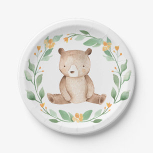 Plato De Papel Cuidada acuarela Bear Woodland Baby Shower