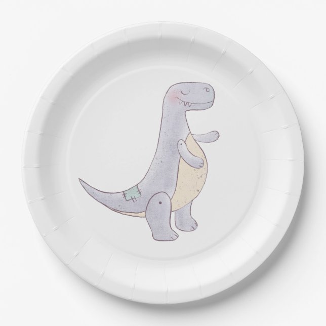 Plato De Papel Cuidada acuarela de juguete de dinosaurio gris (Anverso)