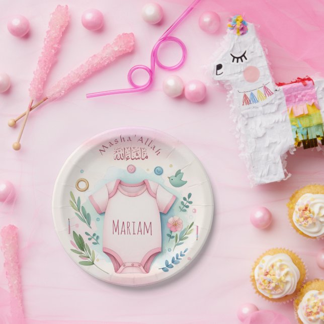 Plato De Papel Cuidada acuarela Floral Mashallah Niña islámica (Fiesta)