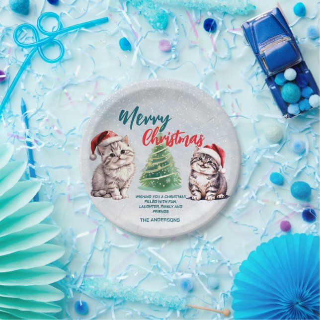 Plato De Papel Cuidada acuarela gatito Santa Merry Navidad (Fiesta)