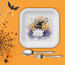 Plato De Papel Cuidada acuarela Ghost Pumpkin Baby Shower