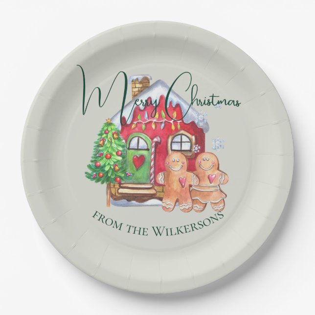 Plato De Papel Cuidada acuarela Gingerbread People on Sage (Anverso)