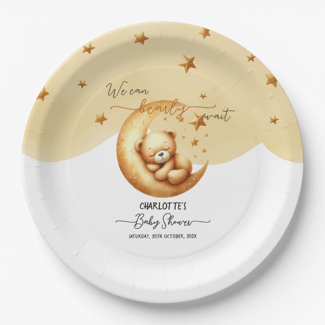 Plato De Papel Cuidada Acuarela Oso Durmiente En El Baby Shower D (Anverso)