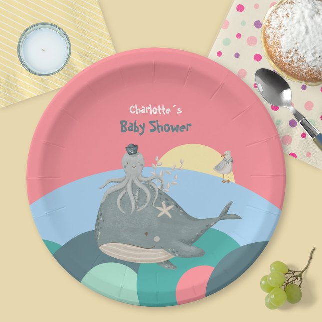 Plato De Papel Cuidada ballena náutica Squid Pink Baby Shower (Cute Pink Nautical Whale Squid Baby Shower Paper Plates ©Susanne Sachers - Sunny Mind Design 🌞)