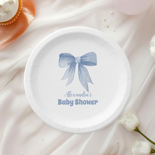 Plato De Papel Cuidada Cinta Azul Bow Bebé Niño Ducha (Subido por el creador)