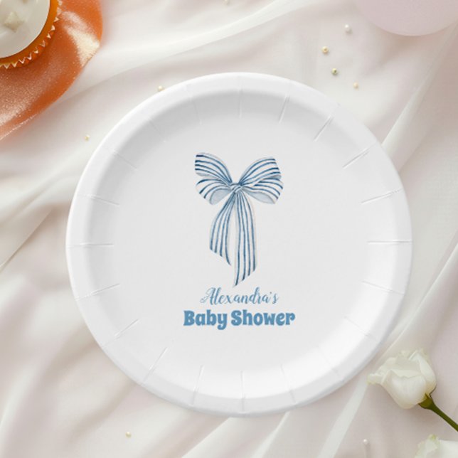 Plato De Papel Cuidada Cinta Azul Bow Bebé Niño Ducha (Subido por el creador)