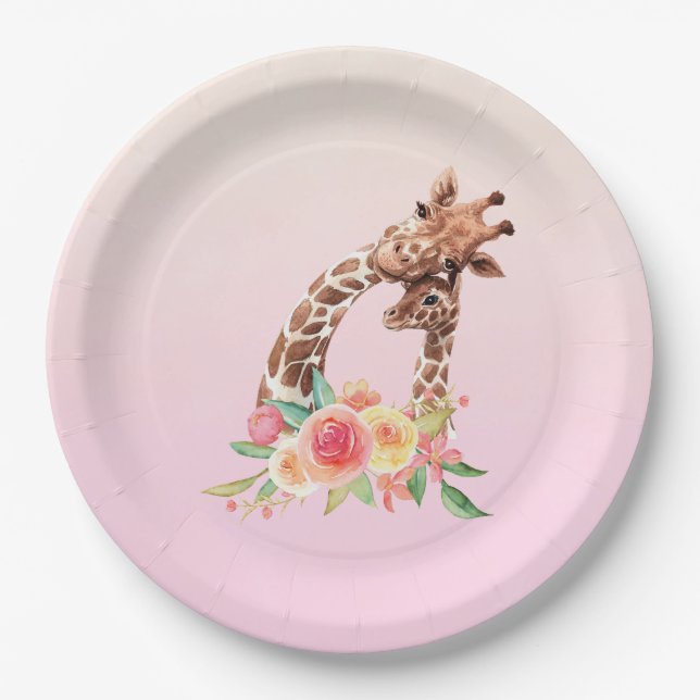 Plato De Papel Cuidada jirafa acuarela mamá y bebé (Anverso)