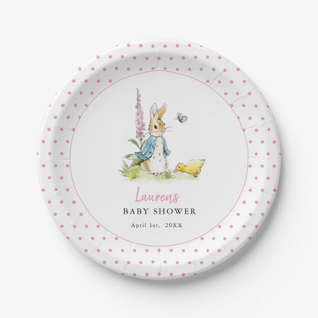 Plato De Papel Cuidada Peter Rabbit Baby Girl Ducha Rosa (Anverso)