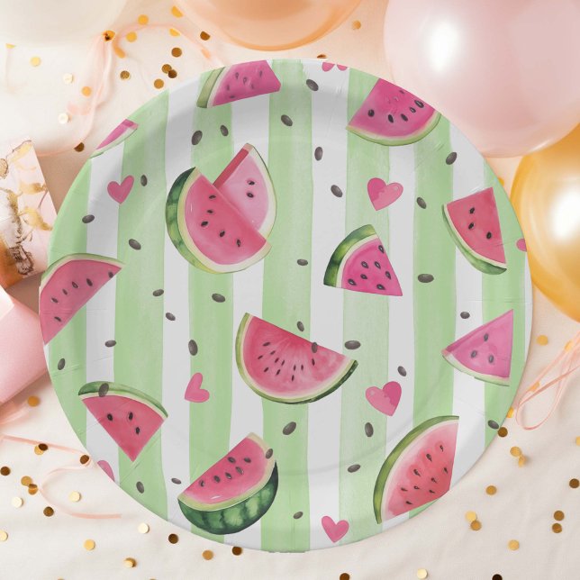 Plato De Papel Cuidada sandía rosa de verano, fruta adorable (Summer Birthday Pink Watercolor Watermelon, Girl Party Paper Plates.)