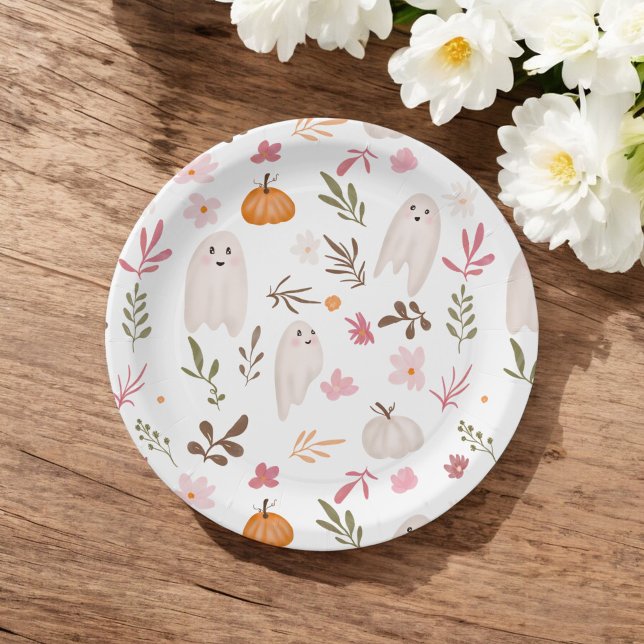 Plato De Papel Cuidada y caprichosa halloween patrón fantasma beb (Cute whimsical halloween ghost pattern baby shower paper plates)