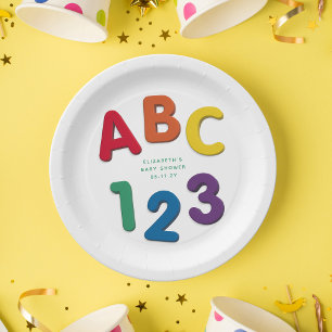 Plato De Papel Cuidada y colorida ducha de bebé ABC 123 neutra