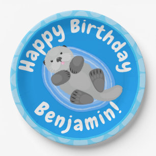 Plato De Papel Cuidada y feliz nutria azul personalizado ilustrac