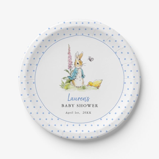 Plato De Papel Cuidado Peter Rabbit Baby Boy ducha Azul (Anverso)