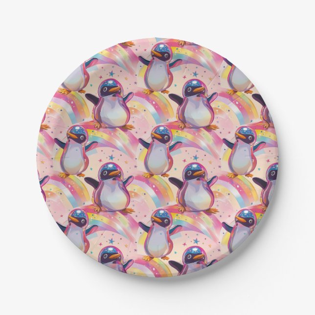 Plato De Papel Cuidados pingüinos arcoiris y patrón de estrellas (Anverso)