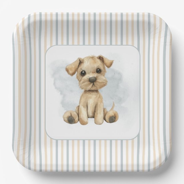 Plato De Papel Cuidadoso Oh Boy Puppy Blue Baby Shower (Anverso)