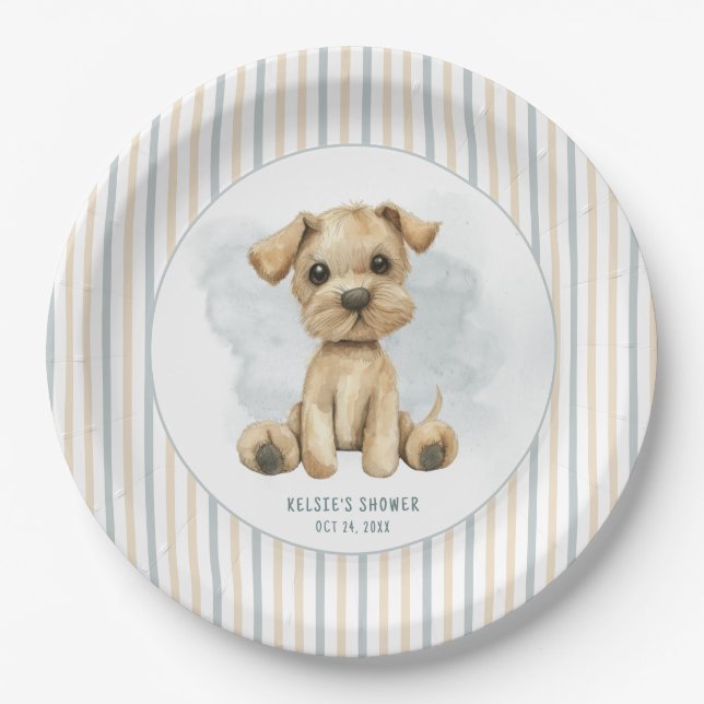 Plato De Papel Cuidadoso Oh Boy Puppy Blue Baby Shower (Anverso)