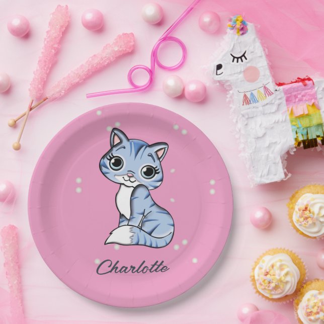Plato De Papel Cuidar gato azul en nombre personalizado rosa (Fiesta)