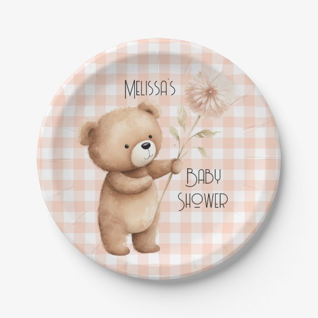 Plato De Papel Cuido Oso Gingham Pattern Baby Boy Shower (Anverso)