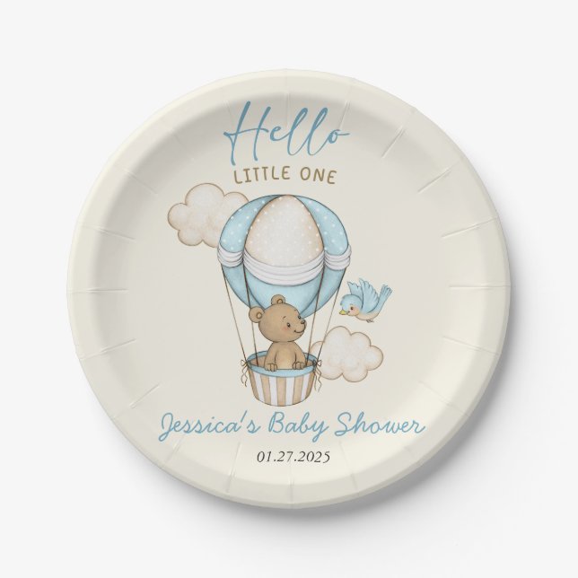 Plato De Papel Cuido oso Hola Pequeño Un Baby Shower (Anverso)
