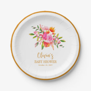 Plato De Papel Cumple de Bebé Floral Rosa Naranja Moderno Persona