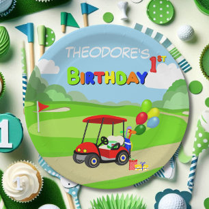 Plato De Papel Cumpleaños 1º adorable carrito de golf rojo niño