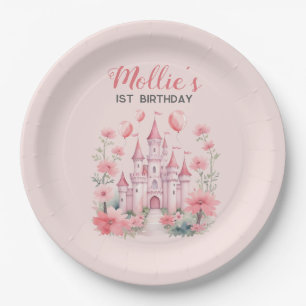 Plato De Papel Cumpleaños 1º de niñas Castillo Rosa Princesa