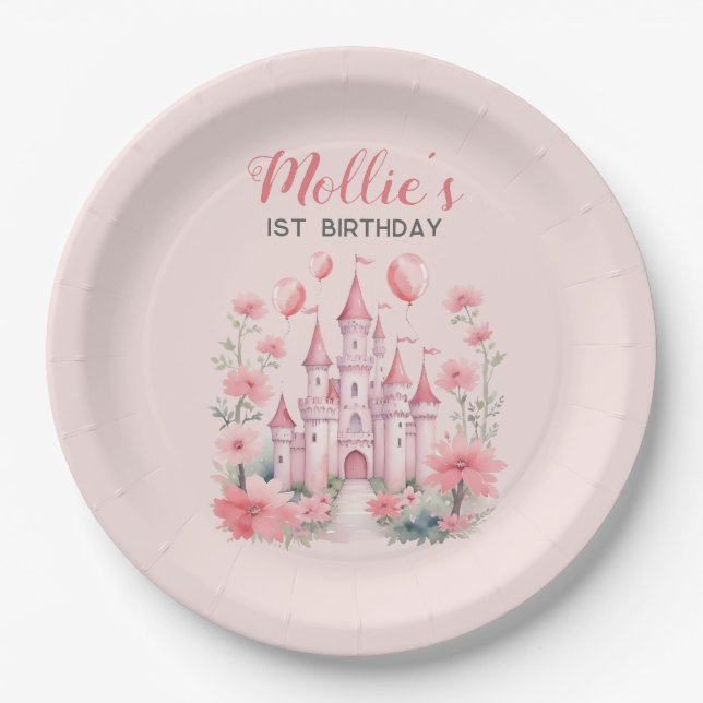 Plato De Papel Cumpleaños 1º de niñas Castillo Rosa Princesa (Anverso)
