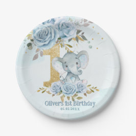 Plato De Papel Cumpleaños 1º Elefante Floral Azul Bebé Niño