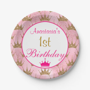 Plato De Papel Cumpleaños 1º Princesa Femenina Rosa Brillante Dor