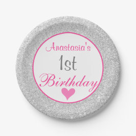 Plato De Papel Cumpleaños 1º Princesa Femenina Rosa y Plata Brill