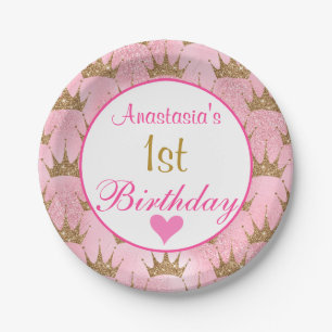 Plato De Papel Cumpleaños 1º Rosa y Dorado Brillo Princesa Femeni