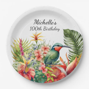 Plato De Papel Cumpleaños 100 del Colibrí Floral Tropical