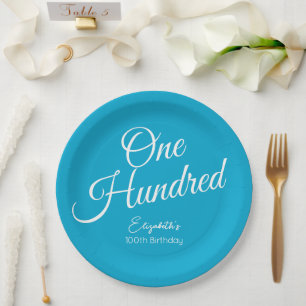 Plato De Papel Cumpleaños 100 Simply Modern Script Aqua Blue