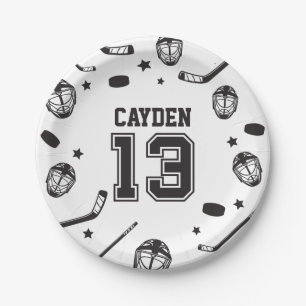 Plato De Papel Cumpleaños 13 Hockey negro y blanco