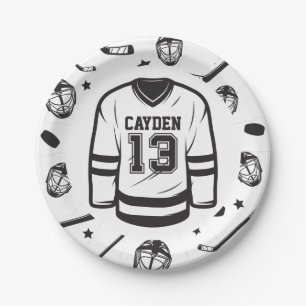 Plato De Papel Cumpleaños 13 Hockey negro y blanco