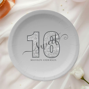 Plato De Papel Cumpleaños 16 Dulce Escritura Brillo Plateado
