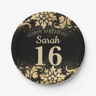 Plato De Papel Cumpleaños 16 Elegante Brillante Negro Oro