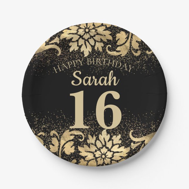 Plato De Papel Cumpleaños 16 Elegante Brillante Negro Oro (Anverso)