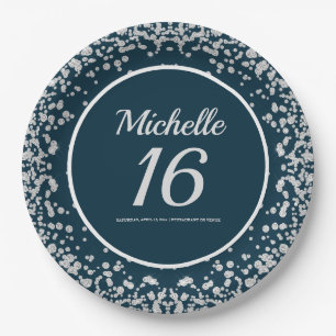 Plato De Papel Cumpleaños 16 Navy Blue Silver Glitter