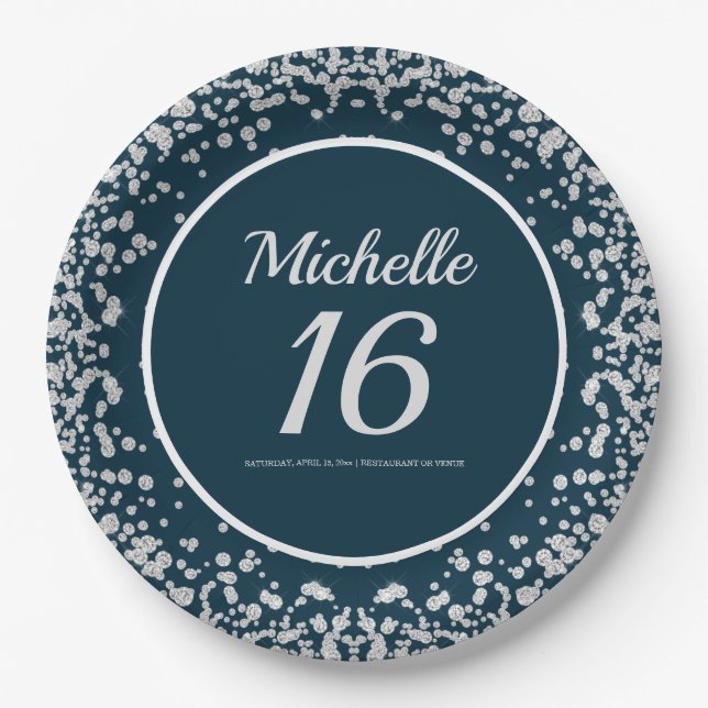 Plato De Papel Cumpleaños 16 Navy Blue Silver Glitter (Anverso)