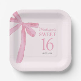 Plato De Papel Cumpleaños 16 personalizado Coquette lazo rosa