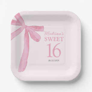 Plato De Papel Cumpleaños 16 personalizado Coquette lazo rosa