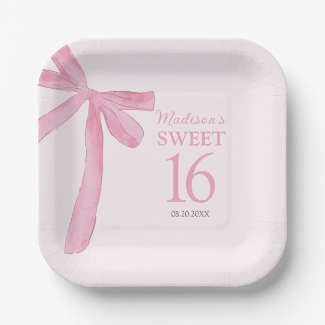 Plato De Papel Cumpleaños 16 personalizado Coquette lazo rosa (Anverso)