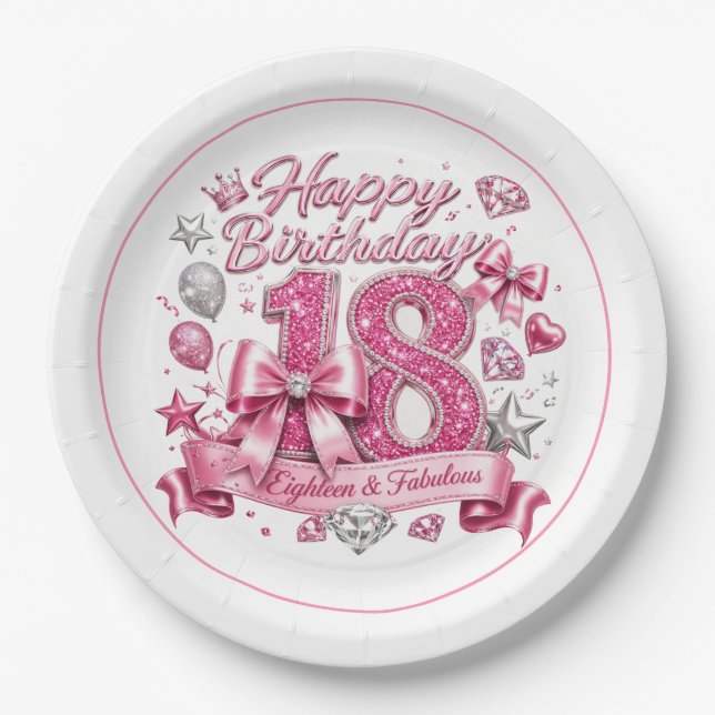 Plato De Papel Cumpleaños 18 con brillo rosa (Anverso)