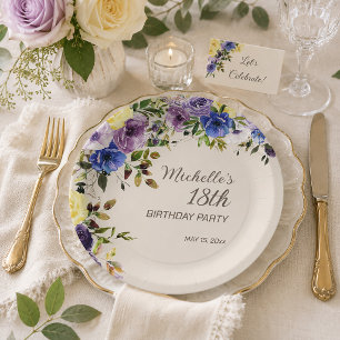 Plato De Papel Cumpleaños 18 en Floral Acuarela Amarillo Púrpura