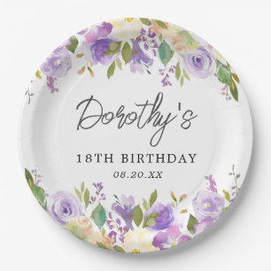 Plato De Papel Cumpleaños 18 Personalizado con Flor Rosa Púrpura